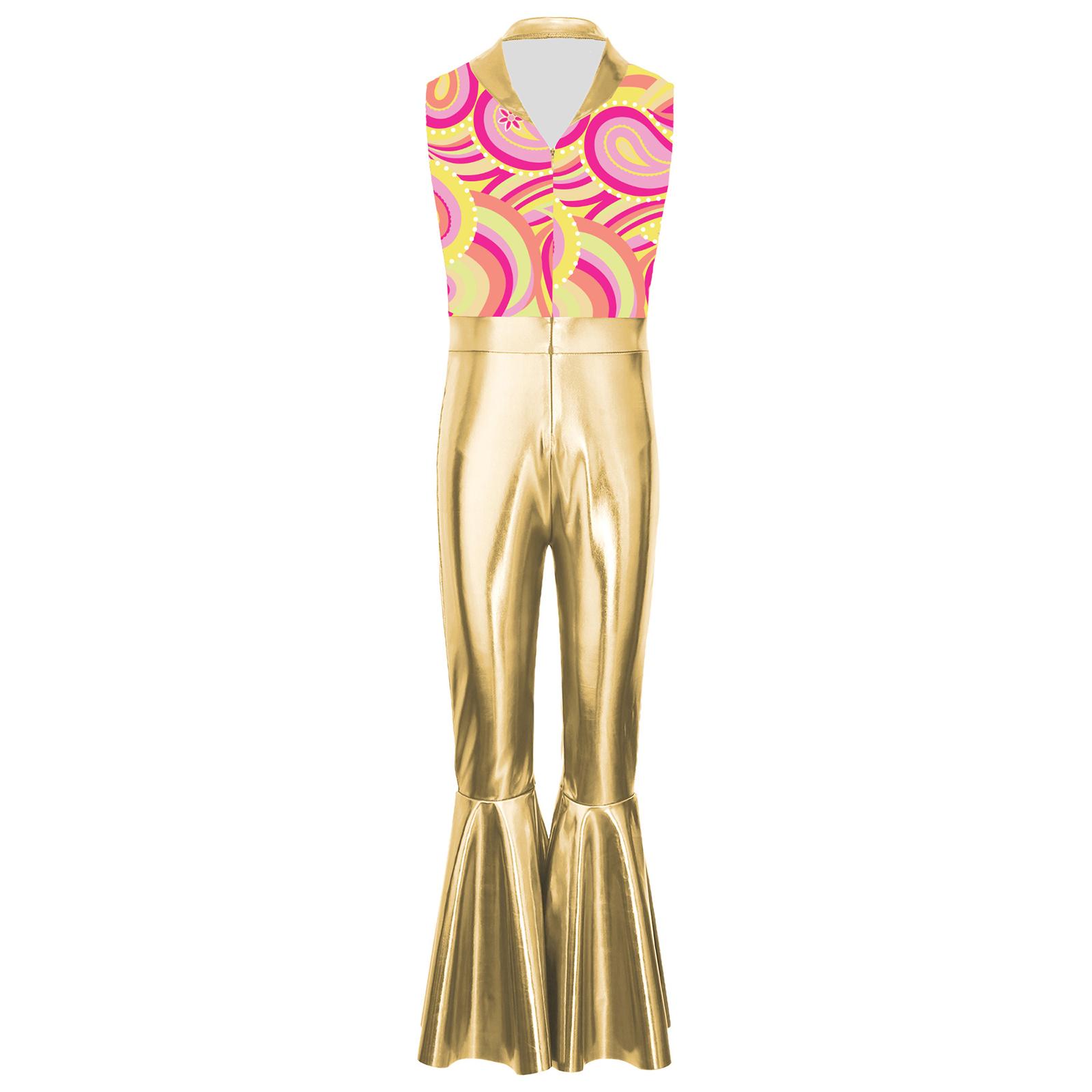 

Boys Disco Outfit Jumpsuit Metallic Glossy Sleeveless Print Patchwork Long Flare Pants Halloween Costume золотий