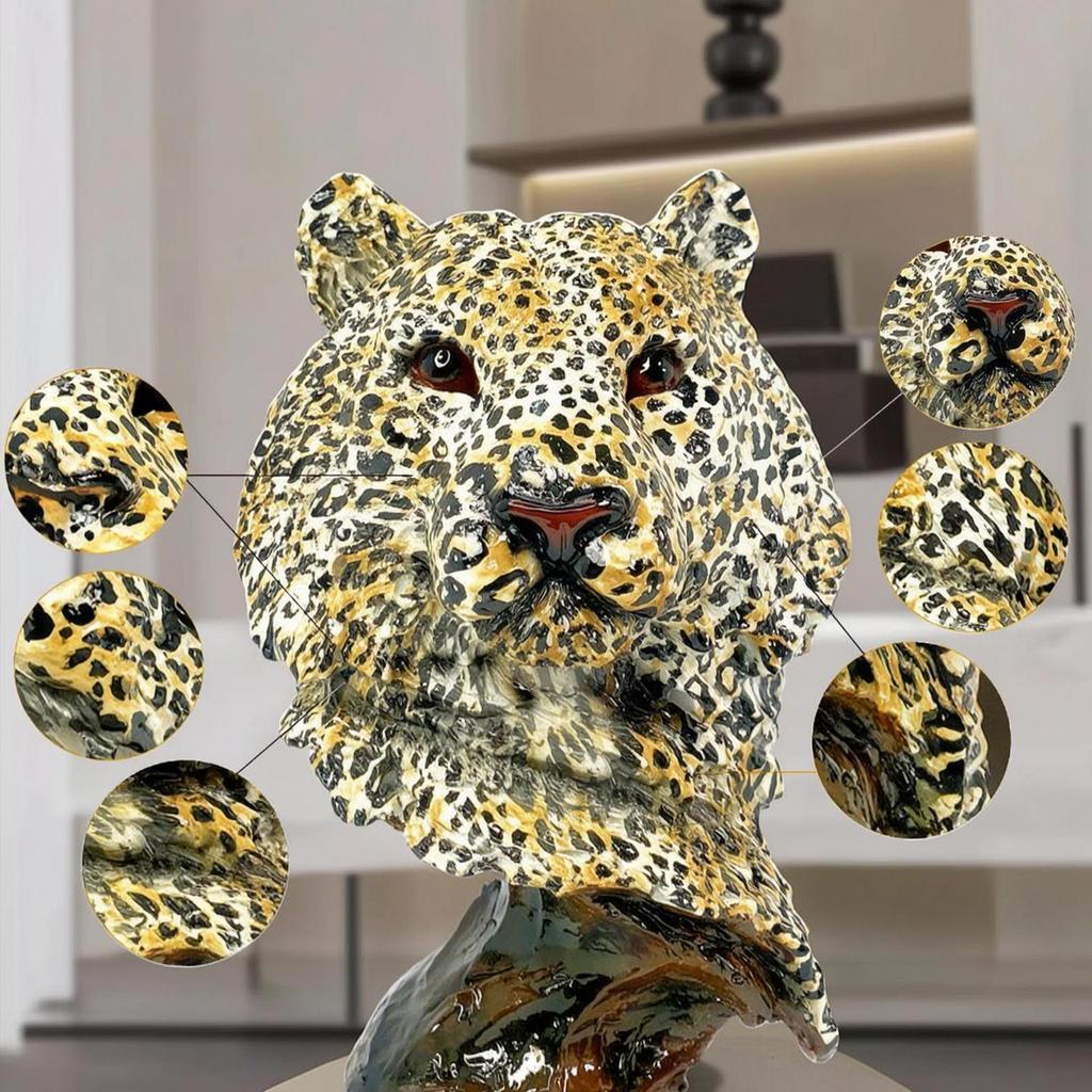 Leopard Head Bust HandhandPainted Big Cat Sculpture with Base Textured Cheetah Statue for Art