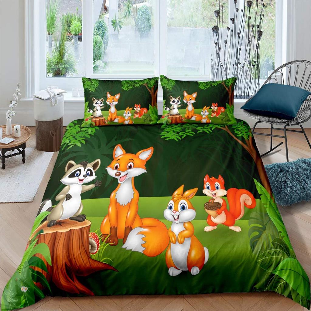 Zoo Theme Duvet Cover Set Animals Pattern Polyester Comforter Cover King Queen Size Cartoon Cute Animals For Kids Bedding Set