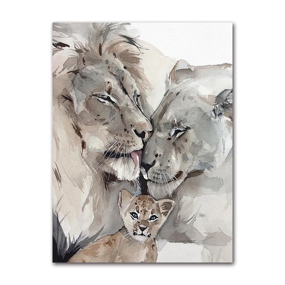 Modern Animal Wall Art Poster Loving Lion Family Canvas Painting Print for Living Room Picture Home Wall Decoration Cuadros