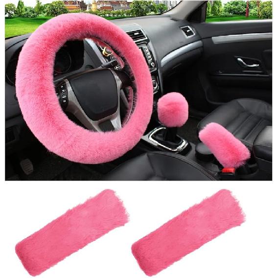 5 PCS Fluffy Steering Wheel Covers Set, Faux Wool Steering Wheel Cover & Handbrake Cover & Gear Shift Cover & 2 Seat Belt Shoulder Pads, Universal