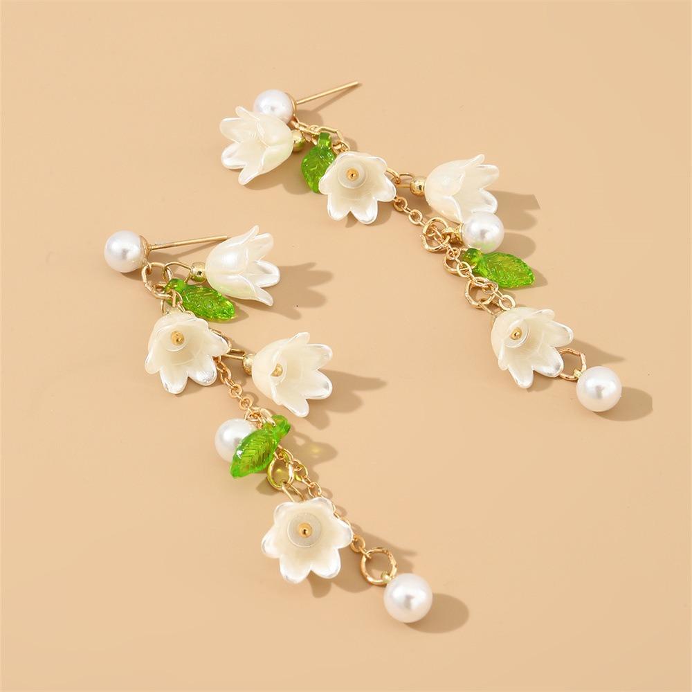 Pearl Flowers Jewelry Set Hand Chain May Bells Earrings Lilies of The Valley Necklace  Women