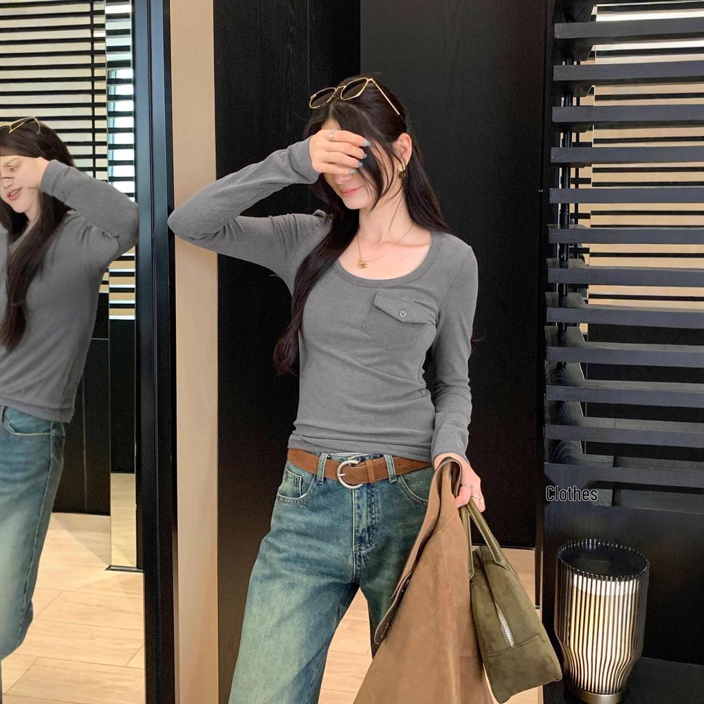 Korean Style Pink U-Neck Slimming Long-Sleeve Women's Base Layer Top for Autumn/Winter