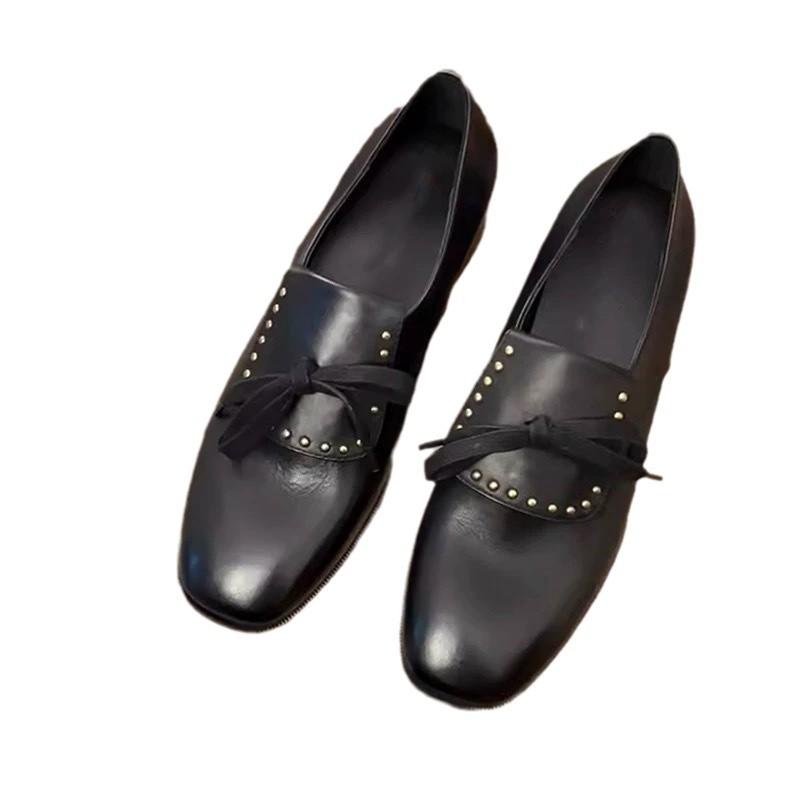 Retro British Leather Round Head Bow Flip Tongue Loafers Women's 2025 Spring New Thick Heel Small Leather Shoes Single Shoes