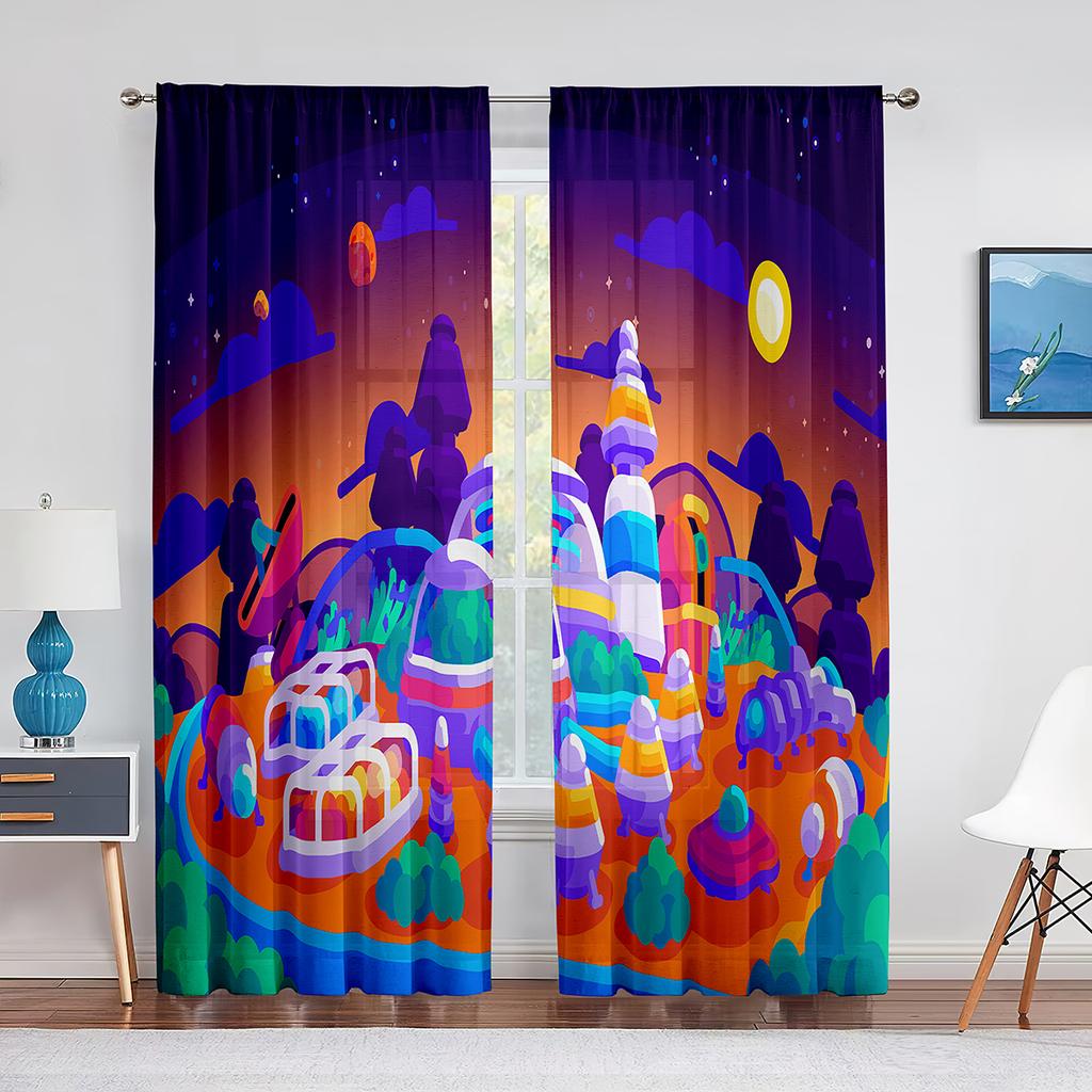 Tecknad Yttre Rymden Raket Planet Tyll Skira Fönstergardiner för Vardagsrum Pojkar Barn Sovrum Tyll Voile Gardiner Draperier Dekor