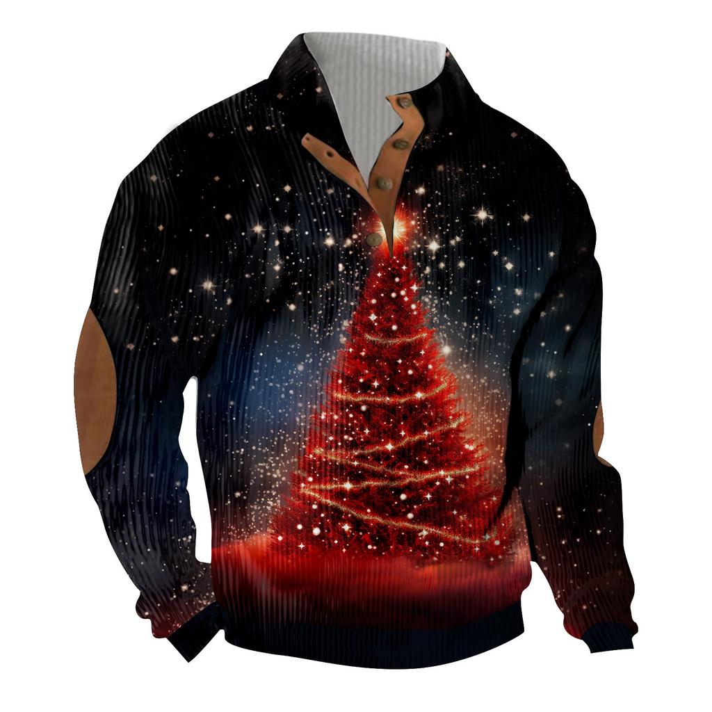 Christmas Print 3-button - Men's Stand Up Collar Sweatshirt, Outdoor Casual Hoodie With Buckle