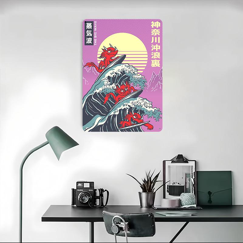 Surfing Dragons Great Wave Poster Customized Wall Art Vintage Metal Signs Retro Tin Plaque for Man Cave Decoration Gaming House