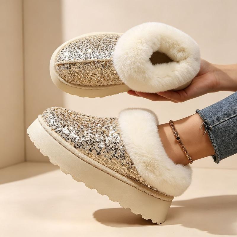 Thick-soled outer wear short snow boots for women's winter new sequins, piled and thickened warm cotton shoes wholesale