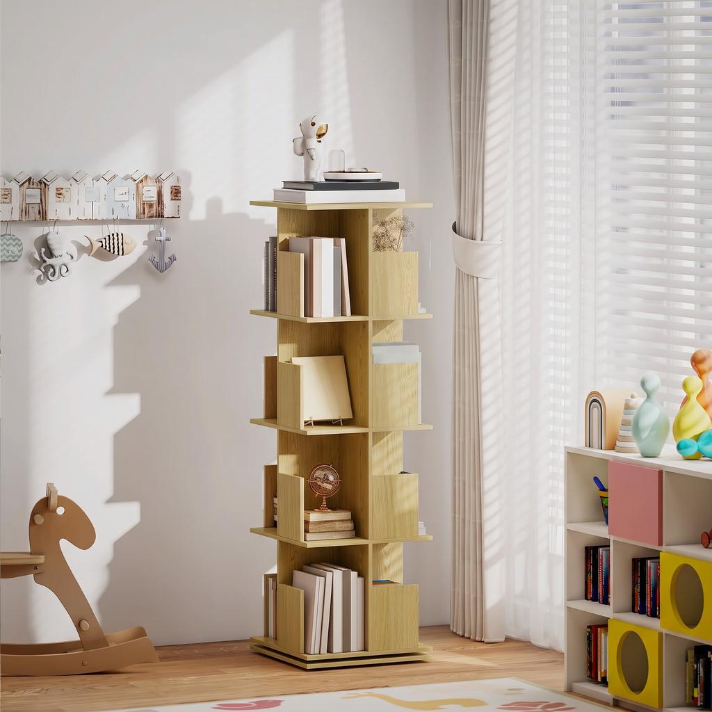 Rotating Bookshelf, 360 Degrees, 4 Shelves, 39 x 39 x 128.3 cm, Oak