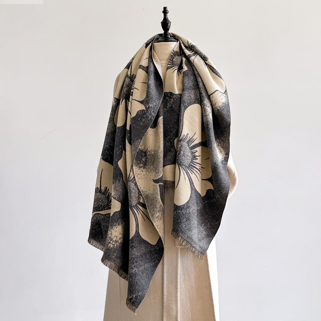 Autumn/Winter Floral Warm Scarf Luxury Tassel Pashmina Shawl Women's Imitation Cashmere Thickened Warps Coldproof Blanket