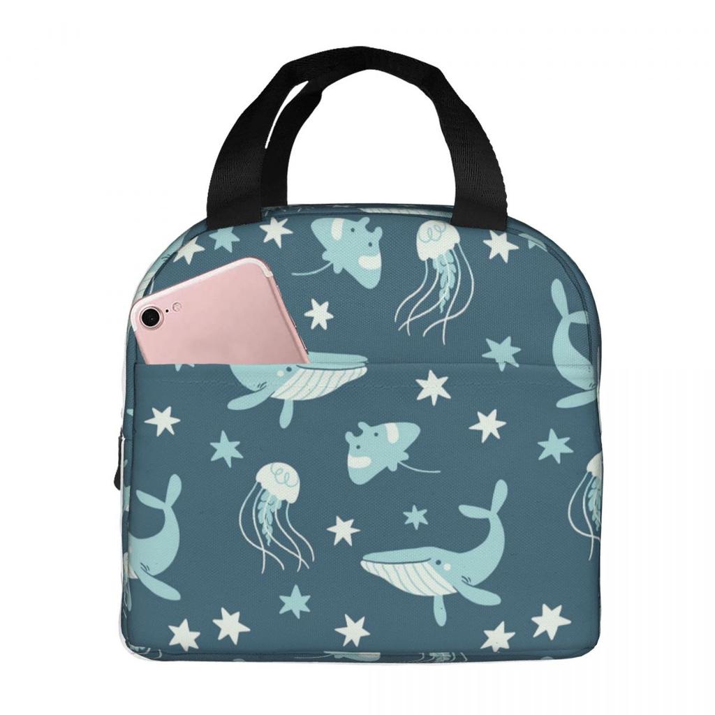 Blue Deep Sea Jellyfish Whale Insulated Lunch Bag for Women Office Cooler Thermal Food Box Tote Portable Lunch Boxes Container