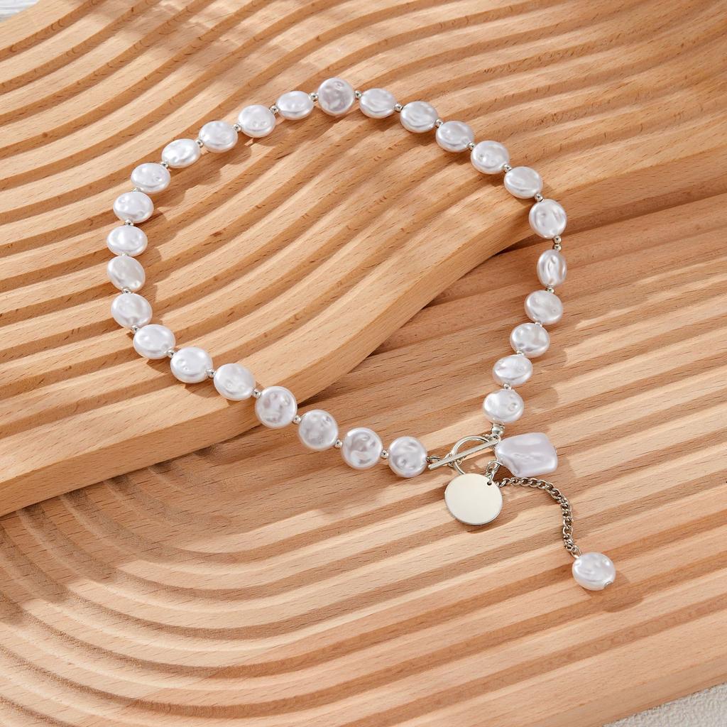Europe, America, Simple Single-layer Baroque Imitation Flat Pearl Neck Chain Necklace, Cold Wind Fringed Sweater Chain