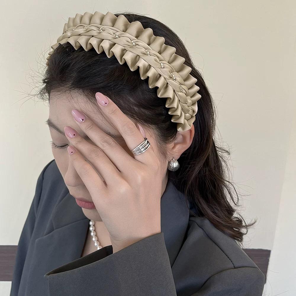 AWAYTR Korean Fashion Women Fabric Headband Solid Color Pleated Hairband Turban Rhinestone Headwear Hair Accessories
