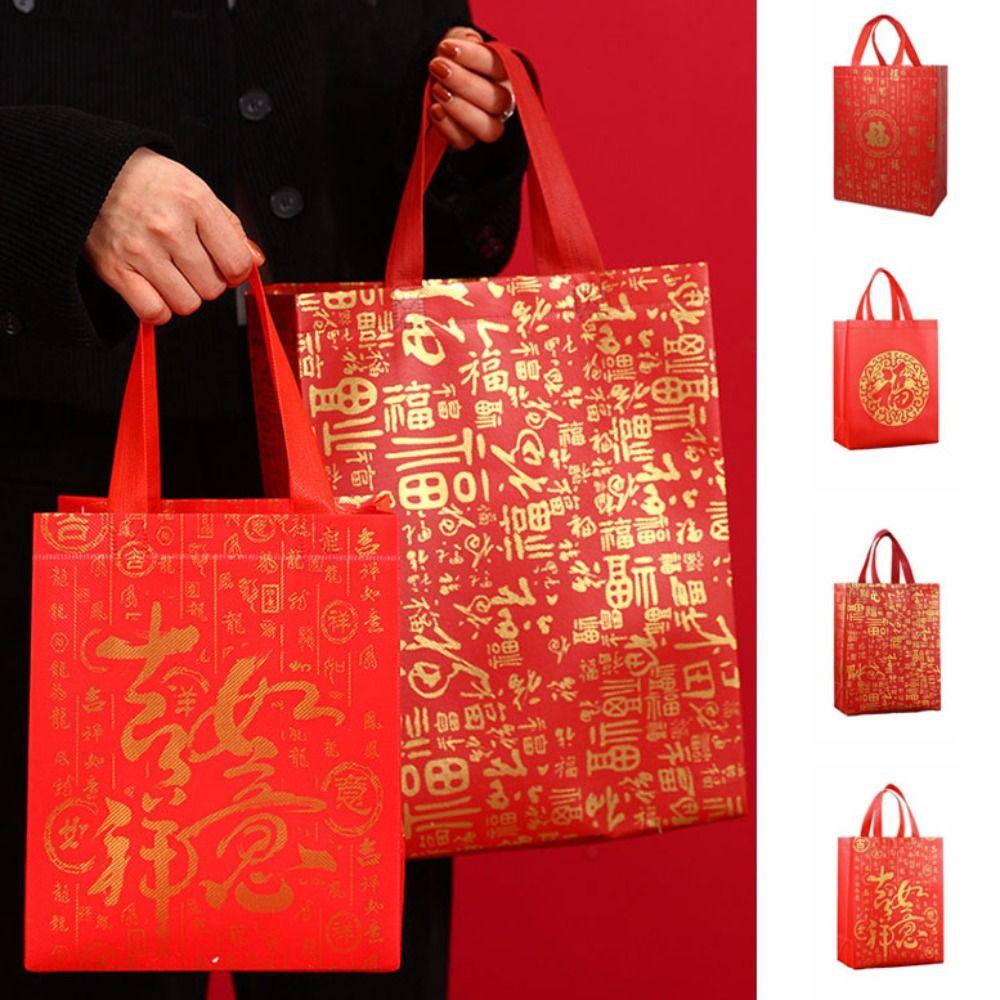 10pcs Red Chinese Style Lucky Bag Good Luck Large Capacity Non Woven Gift Bag Portable Handbag New Year Storage Bag