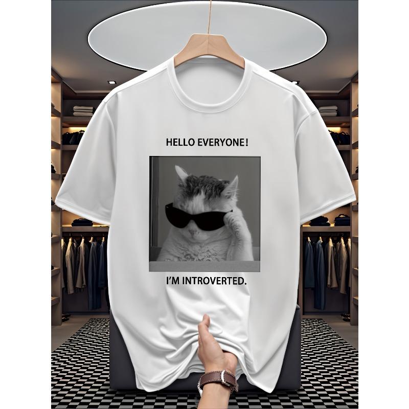 

European Size Men s Pretending to Be Socially Awkward Cat Letter Print Versatile Casual Sporty Short-Sleeve T-Shirt S белый