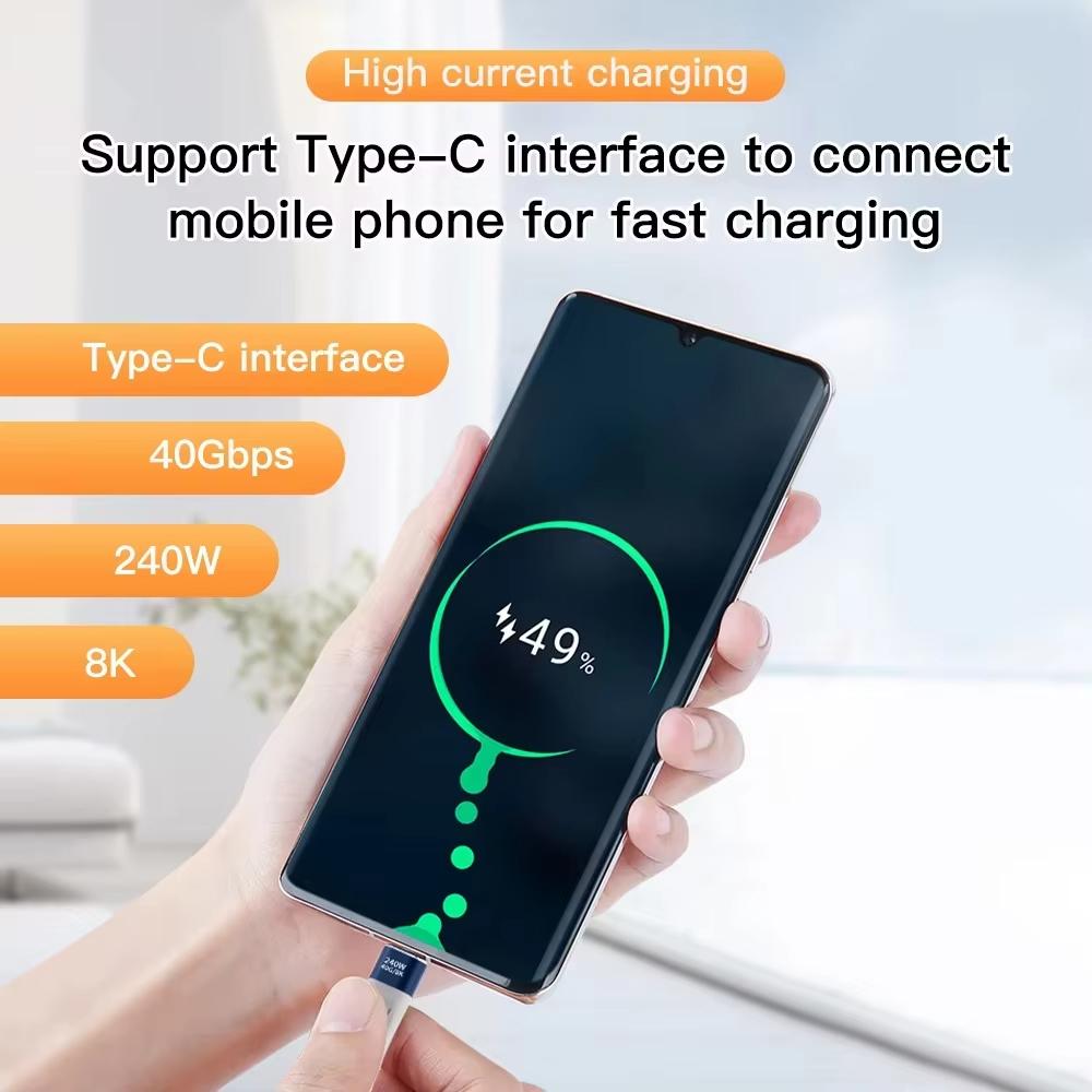 Type-C to Type-C 240W Short Cable Fast Charging USB-C Cord 40Gbps Data Transfer 8K Flat Slim FPC Data Charge Extension Cable