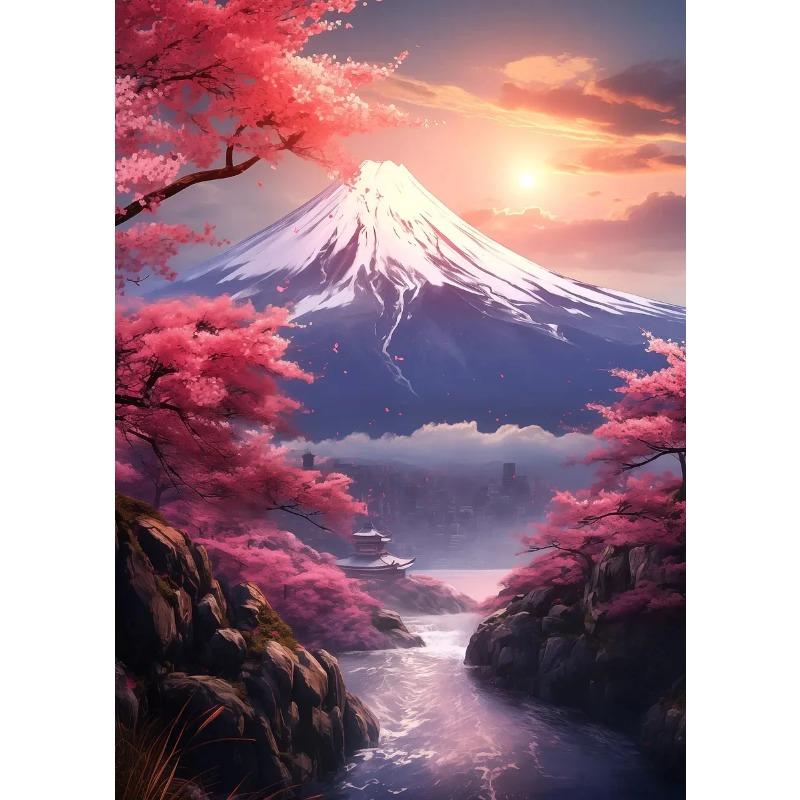 Pink City Asian Travel Japanese Cherry Blossoms At Mount Fuji Poster Light Prints Canvas Painting Wall Pictures Home Room Decor