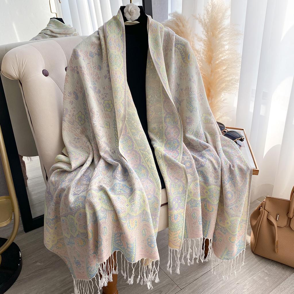 Fashion Winter Cashmere Shawl For Women - Tasseled Vintage Floral Printed Oil Painting Style Pashmina Thick Scarf