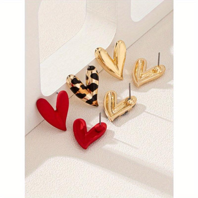 3 Pairs Fashion Personalized Metallic Enamel Leopard & Heart Stud Earring Set, Suitable For Party And Multiple Occasions For Women
