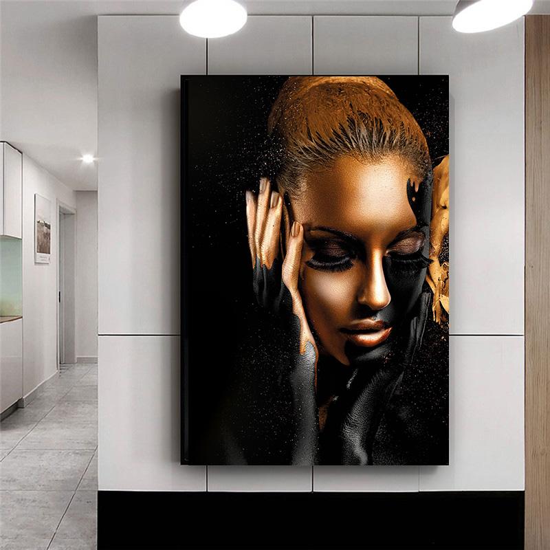 Black Gold Nude African Woman with Exquisite Headdress Oil Painting On Canvas Posters and Prints Scandinavian Wall Art Picture
