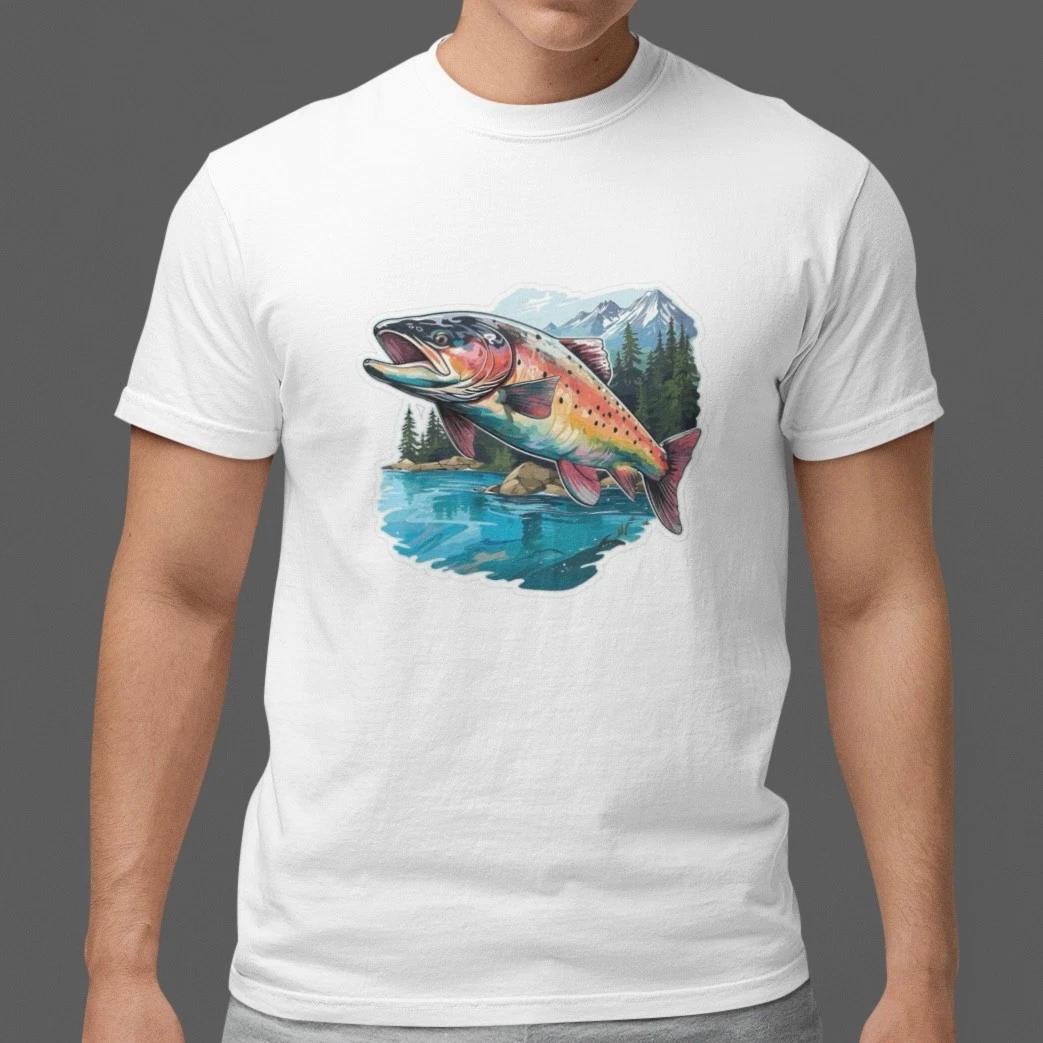 Trout Fishing T Shirt Lake Mountain Fish Tee Outdoor Nature Fisherman Shirt Gift XL