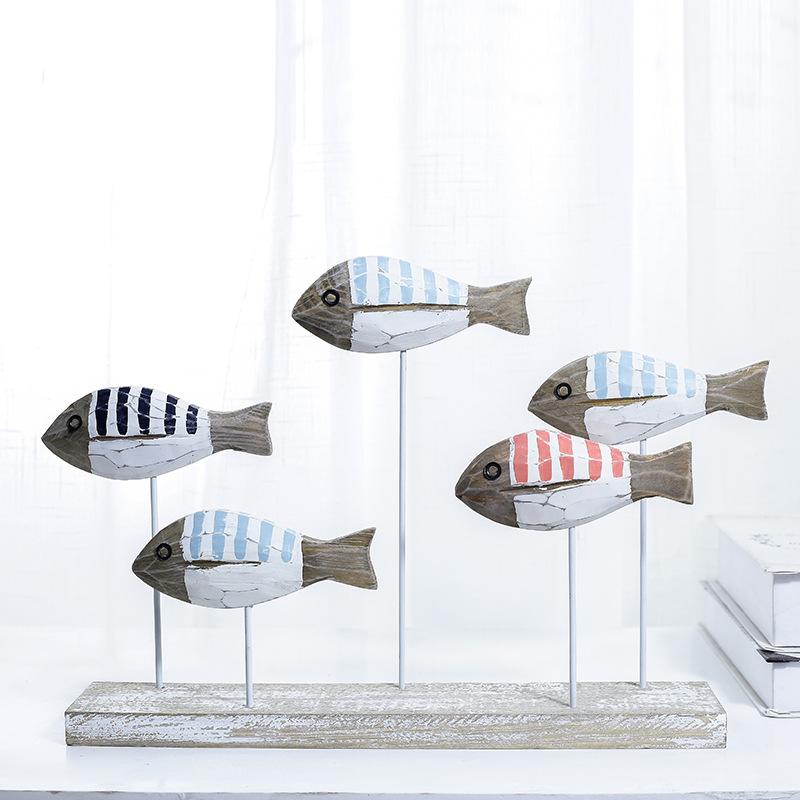 Colored Solid Wood Fishes Sea Wooden Crafts for Kindergarten Decor Mediterranean Style Ocean Series Carved Fish Home Decor