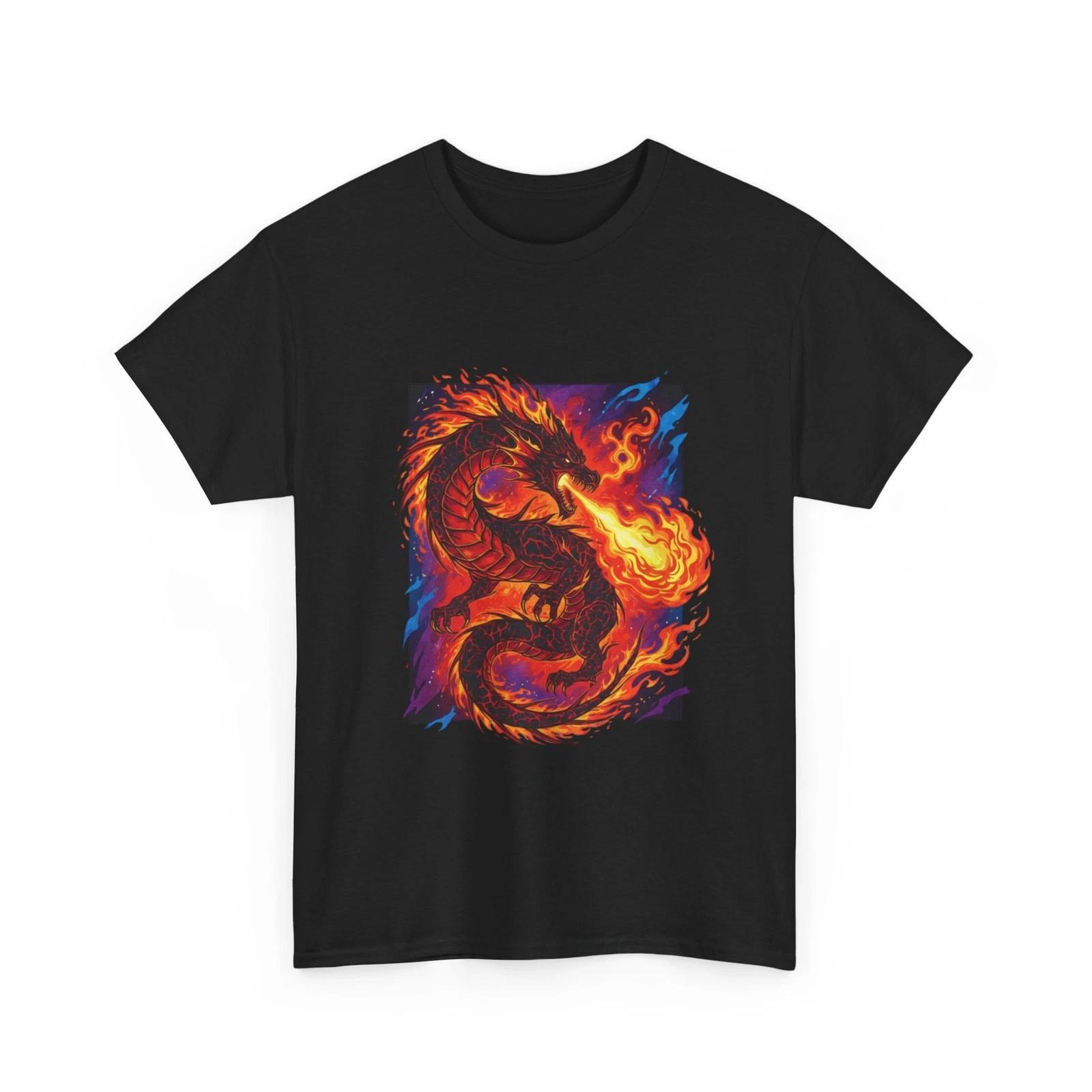 Fiery Dragon Illustration Tee | Flaming Dragon Graphic Tee, Cool T-Shirt, Cotton XL
