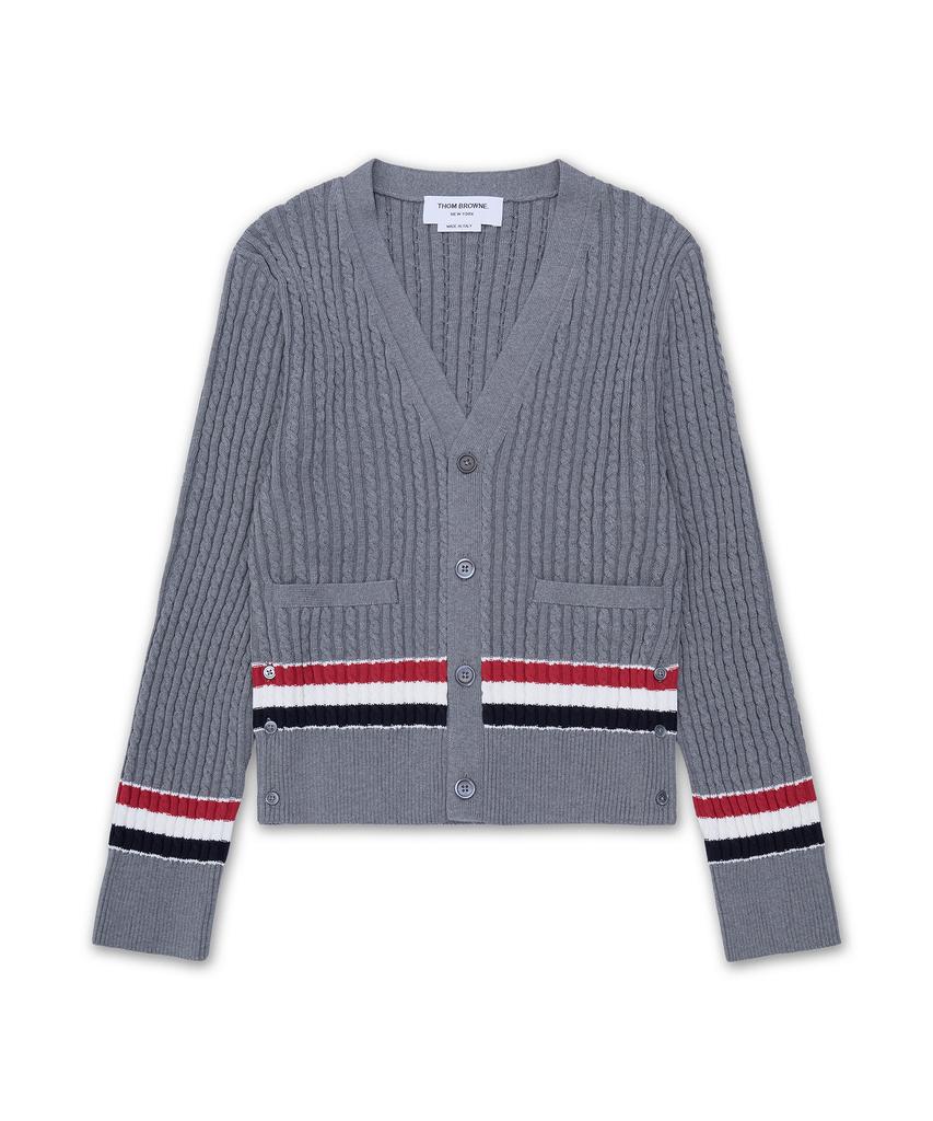 Thom Browne Rwb Striped Cotton Baby Cable V-Neck Cricket Cardigan - Light Grey / Mkc640Ay3014055