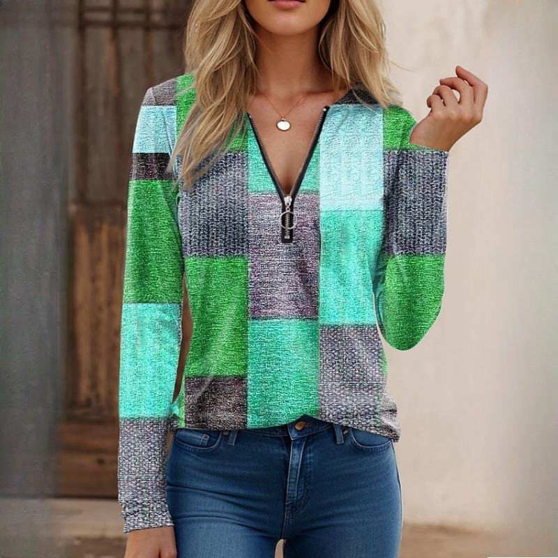 EastRogue Autumn and Winter Women's Fashion Casual Loose Printed V-Neck Zip Long Sleeve Cashmere T-Shirt