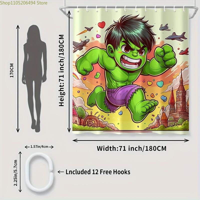 1pc The Hulk Cartoon Shower Curtain, Polyester, Machine Washable with Hooks, Vibrant Superhero Design for Bathroom Decoration,
