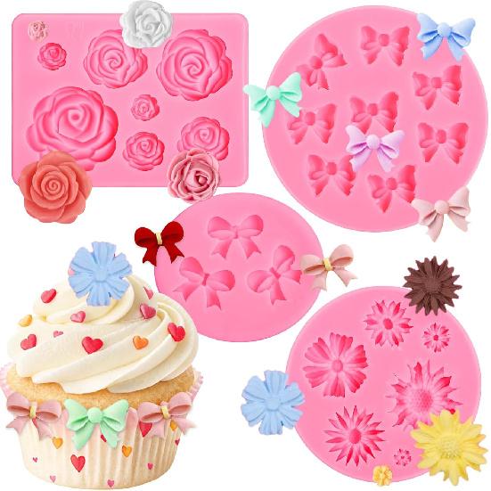 Pimoys 4 Pcs Flower&Bow Molds for Chocolate, Bow Chocolate Molds Silicone Cake Pop Mold Valentine s Day Candy Mold Silicone for Wax Melts Birthday