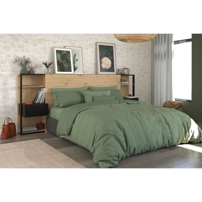 PARISOT Tête de Lit avec étagères + chevets intégrés - Décor chêne et noir - L 255 x P 36 x H 103 cm - WHITE