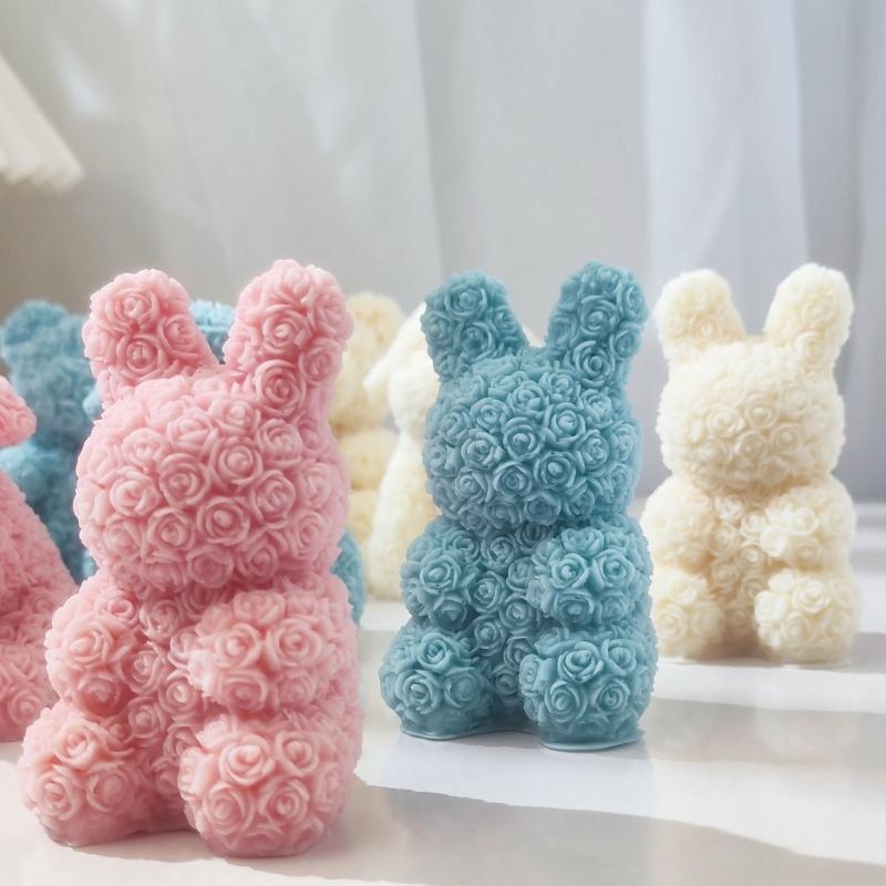 Valentine Silicone Rose Bunny-Mold Aromatherapy Candle Mold Epoxy Animal Plaster Mold for DIY Soap Present Candle Making
