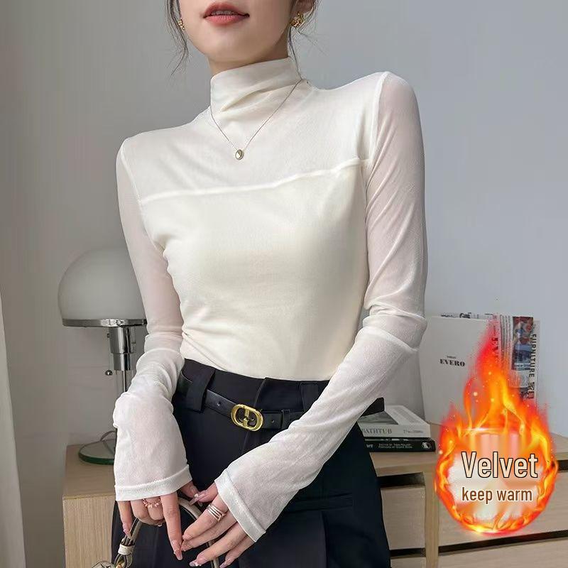 Women's Slim-Fit Velvet Base T-Shirt with Mesh Sleeves: Elegant Half-High Collar for Autumn/Winter
