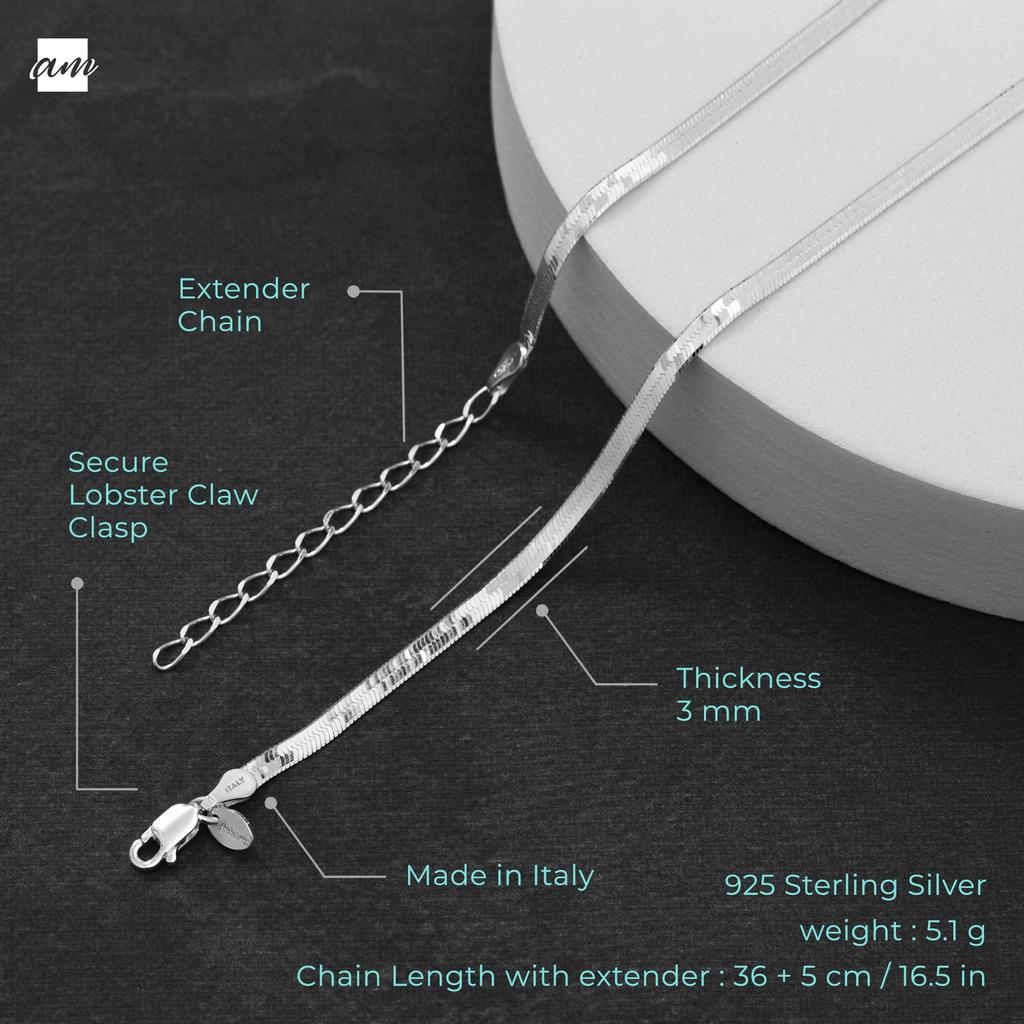 [Amberta] Women's 925 Sterling Silver Flat Snake Chain: 3mm 45cm