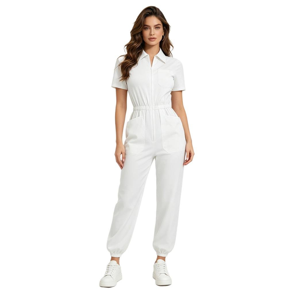 Damen Kurzarm Chirurgenanzug Mehrere Taschen Reißverschluss vorne Elastische Taille Jogginghose Medizinische Uniform