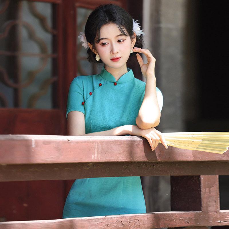 Aqua blue Republic of China style new Chinese Suzhou long cheongsam improved young women's high sense can be worn daily in summer