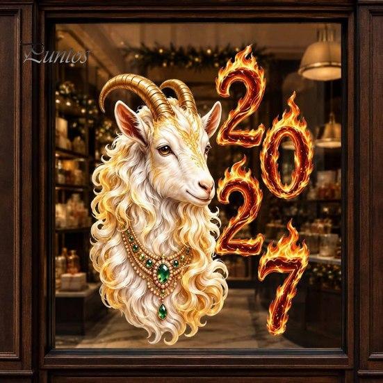Auspicious 2027 Year of Sheep Decor Goat Window Cling, Golden?White Zodiac Static Glass New Decal Sticker, Lunar Spring Festival for Home