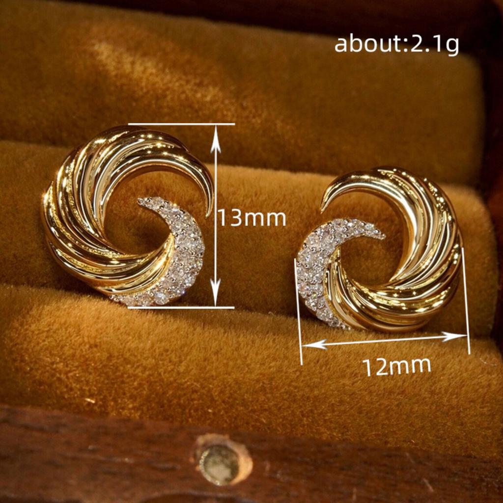 Swirl Wave Stud Earrings for Women Elegant Gold Tone Paved Stone Earrings for Daily and Special Occasions