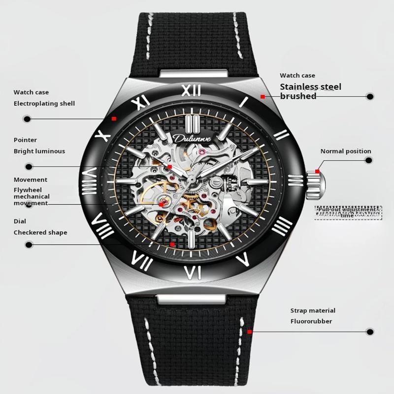 Dulunwe Skeleton Mechanical Watches Blue Roman Dial Watch for Men Automatic Watches Luxury Sports Waterproof Clock