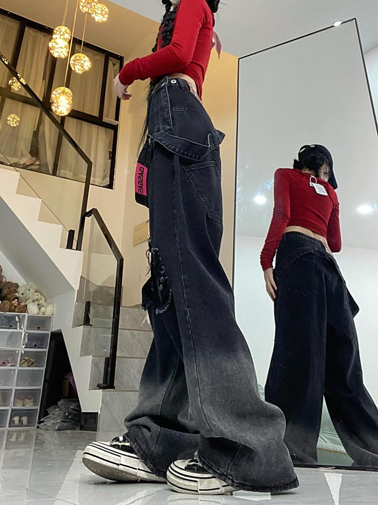 Bestmood Distressed Denimhosen mit lockerer Passform und geradem Bein, mit Gürtel und Design Damen Weitbeiniges Bein, Hip-Hop (Größe Klein, Schwarz)