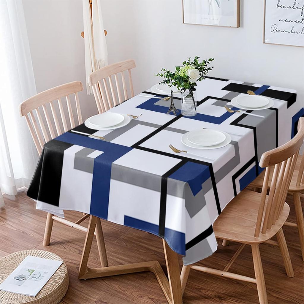 Modern Abstract Navy Blue Black Geometric Rectangle Tablecloth Reusable Kitchen Dining Party Tabletop Decor
