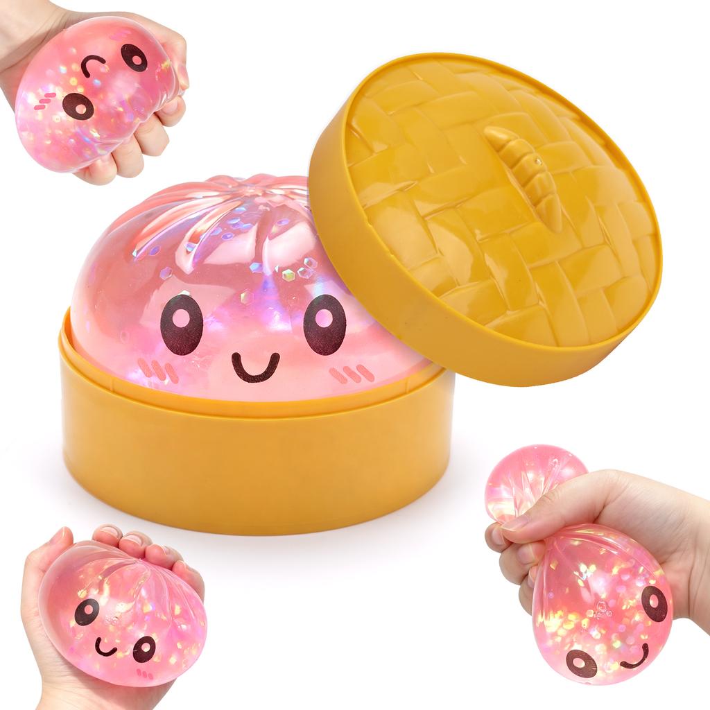 Simulated Steamed Buns Squishy Rebound Soft Squeeze Stress Ball with Bamboo Steamer Box Anti-Stress Toy Sensory Creative Gift