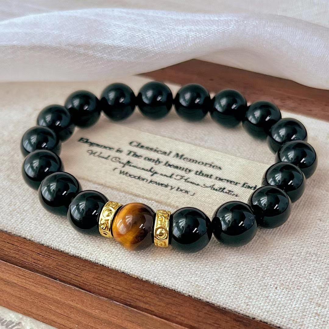 Vintage Maillard Style Natural Black Agate Bracelet Beaded Bracelet