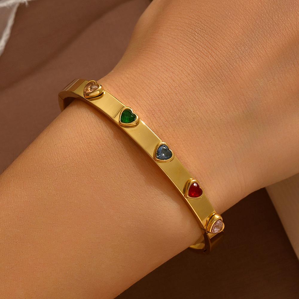 Geometric Gold & Gem Heart Bracelet Set for Women - Stackable Stainless Steel Evil Eye Jewelry