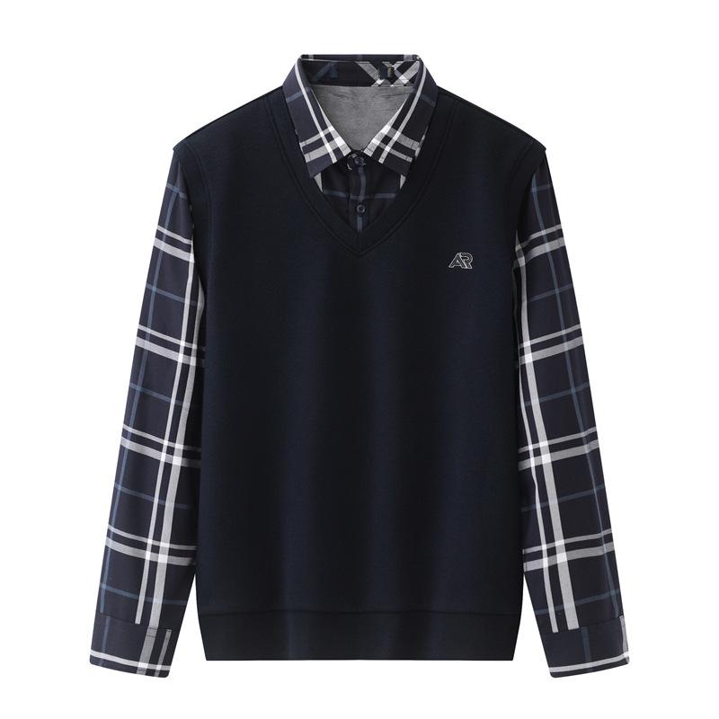 

Brand Men s Tagless Double Collar Plaid Patchwork Knitted Sweater with Velvet Lining for Winter Business Casual. L темно-синього кольору