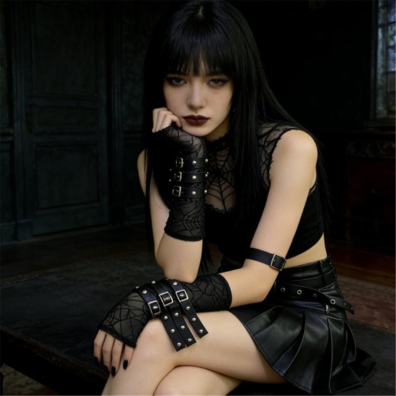 Adjustable Rock Style Lace Arm Protector With Embellished Design For Wrist Support And Stylish Defense