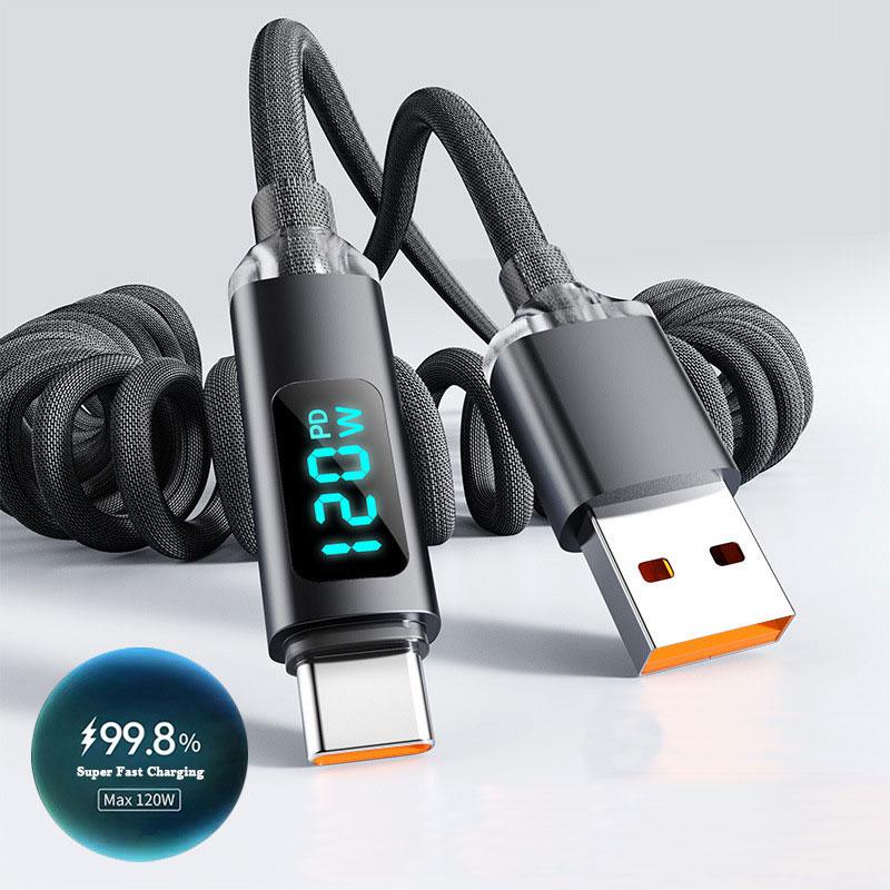 120W Car Spring Type C Cable For iPhone Huawei Xiaomi Samsung PD Fast Charging For Macbook iPad USB Type C To Type C Cable