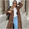 Womens Oversized Vintage Double-Breasted Belted Trench Coat Long Sleeve Suede Fleece Jacket Fall Winter