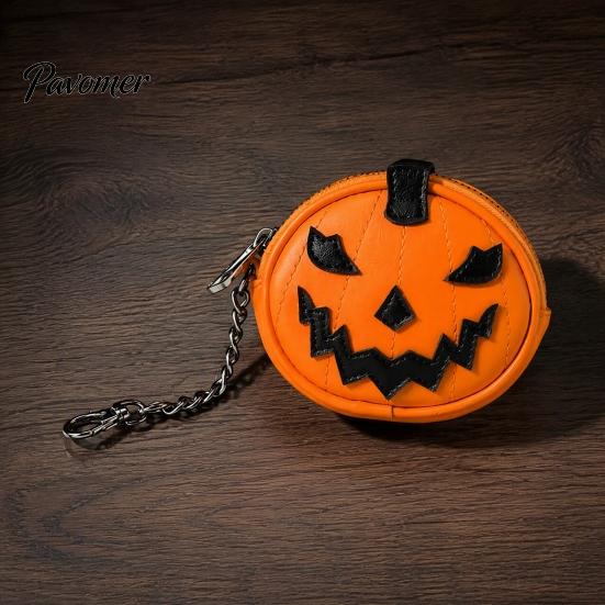 Compact Storage for Lipsticks Mini Coin Purse Keychain, Halloween Pumpkin Wallet Bag Charm, Faux Portable Headphone Organizer Leather Small